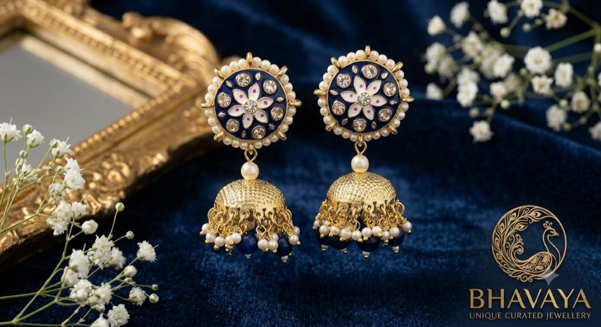 Navy meenakari stud jhumkas on blue velvet